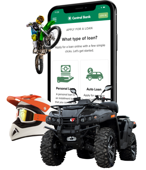 Powersport vehicles surrounding the Central Bank app