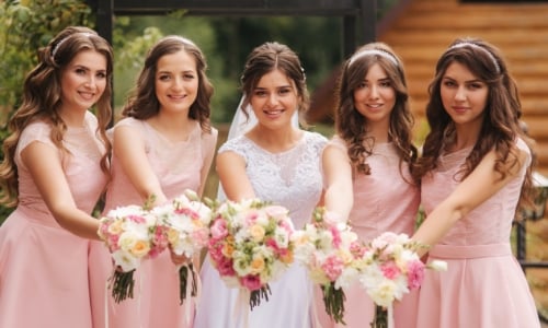 Bridesmaids and bride posing for a picture