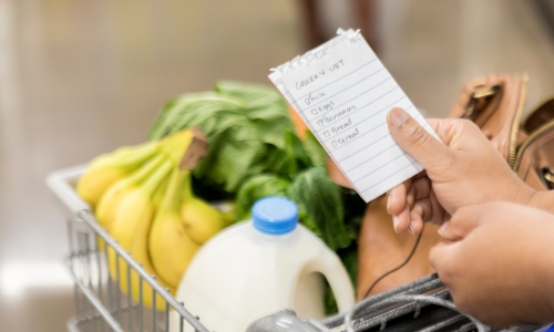 A person holding a grocery list