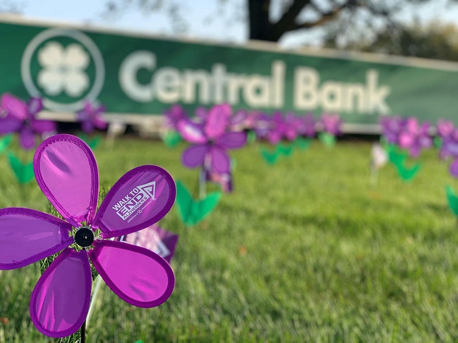 Purple flowers for Alzheimer's awareness by Central Bank sign