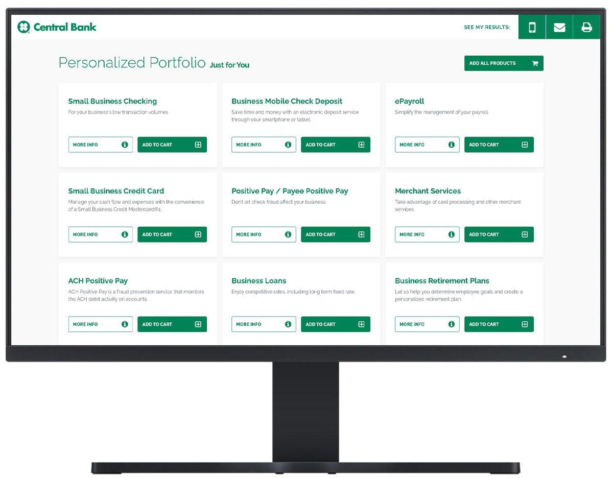 computer monitor showing an example of a customized list of products and services that might be a good fit for your business