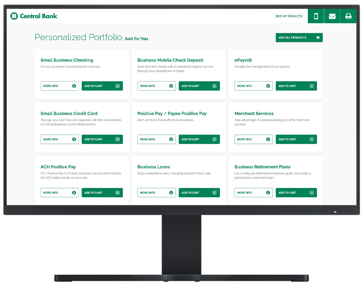 computer monitor showing an example of a customized list of products and services that might be a good fit for your business