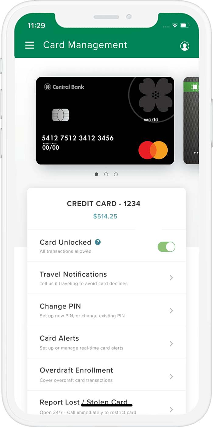 mobile phone screen showing credit card