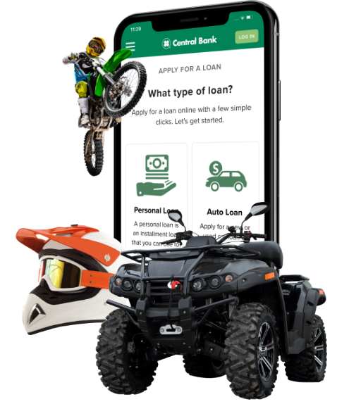 Powersport vehicles surrounding the Central Bank app
