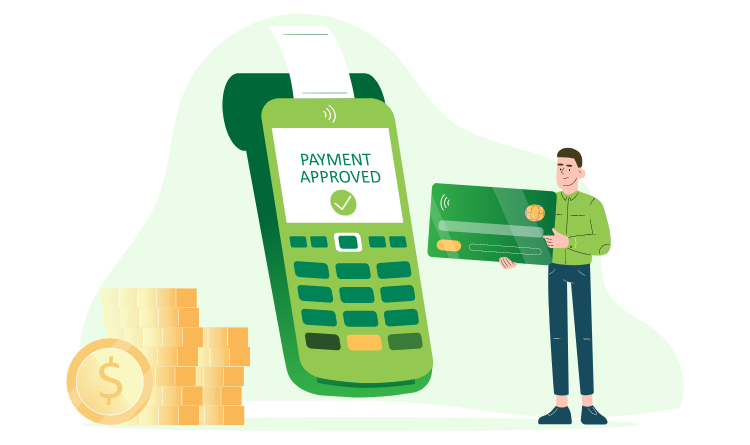 Illustration of man holding a credit card up to a card terminal