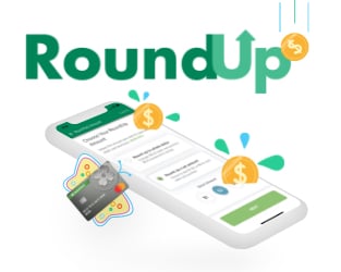 RoundUp logo and mobile phone illustration with coins falling into the screen