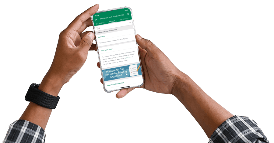 hands holding phone with screen showing the app
