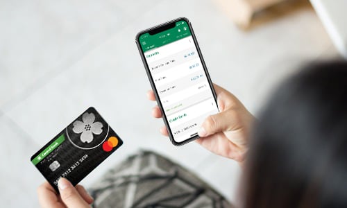 Hands holding mobile phone and using credit card