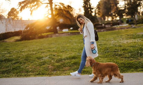 Young woman walking a dog 